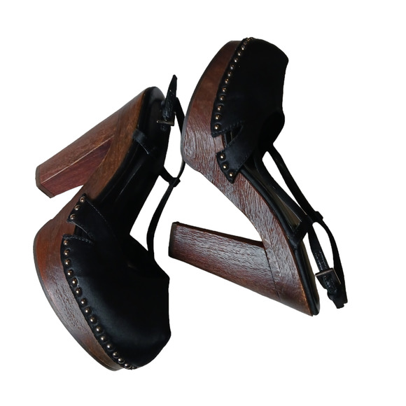 PRADA Wood Heels Black Satin Platform Closed Toe Bronze Studs Size 38.5 - Picture 14 of 14